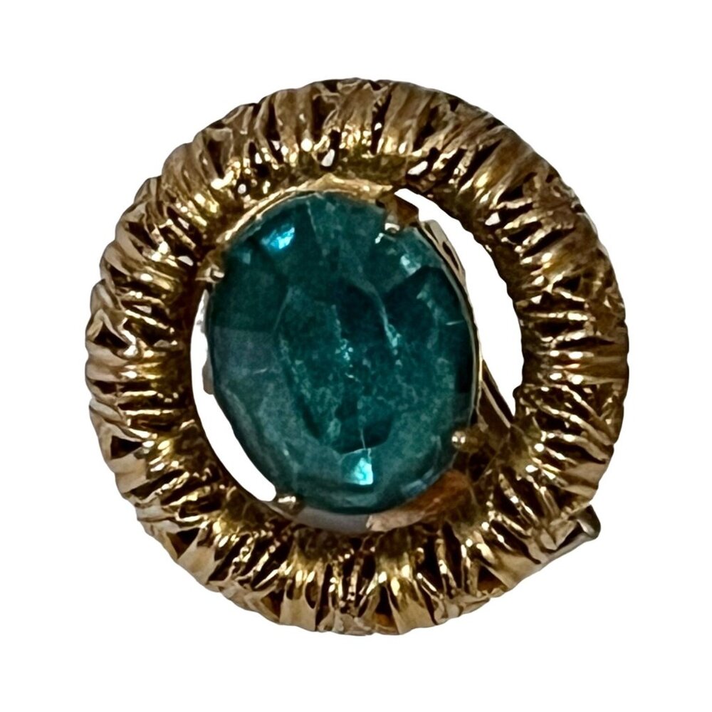 Vintage Filigree Gold Tone Clip-On Earrings With Teal Blue Rhinestone - Picture 5 of 8